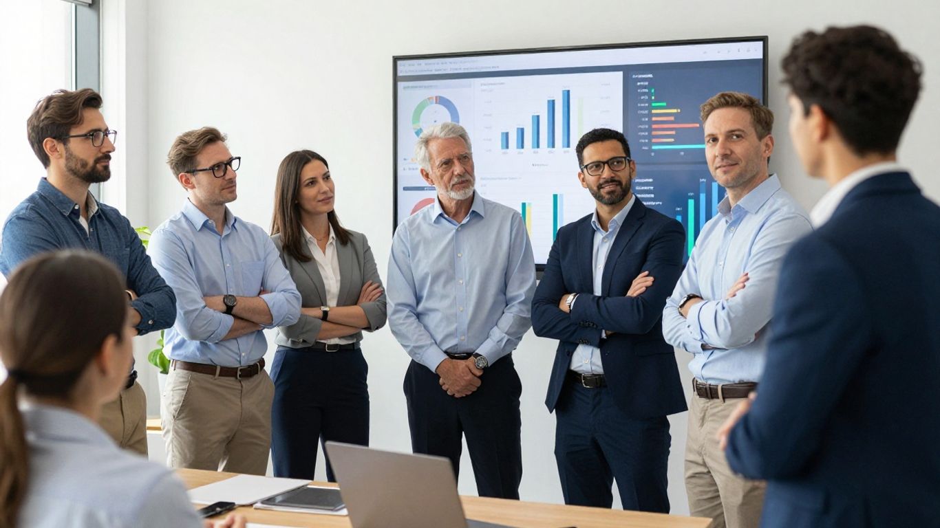A diverse team reviewing project dashboard analytics on screens