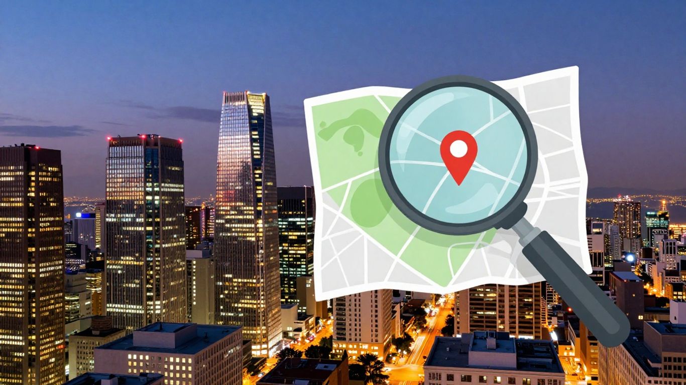 Cityscape with glowing digital elements and magnifying glass over map.