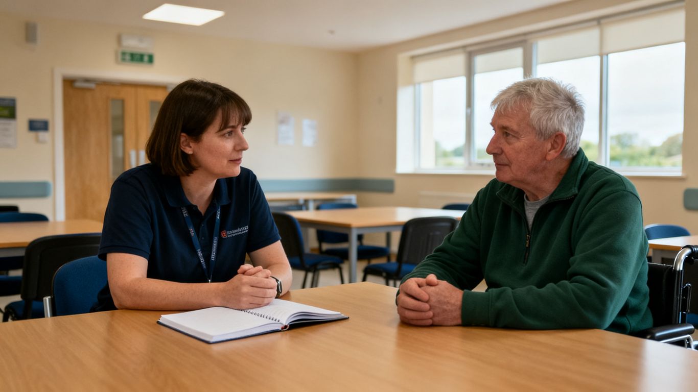 Support worker discussing hostel policy privately