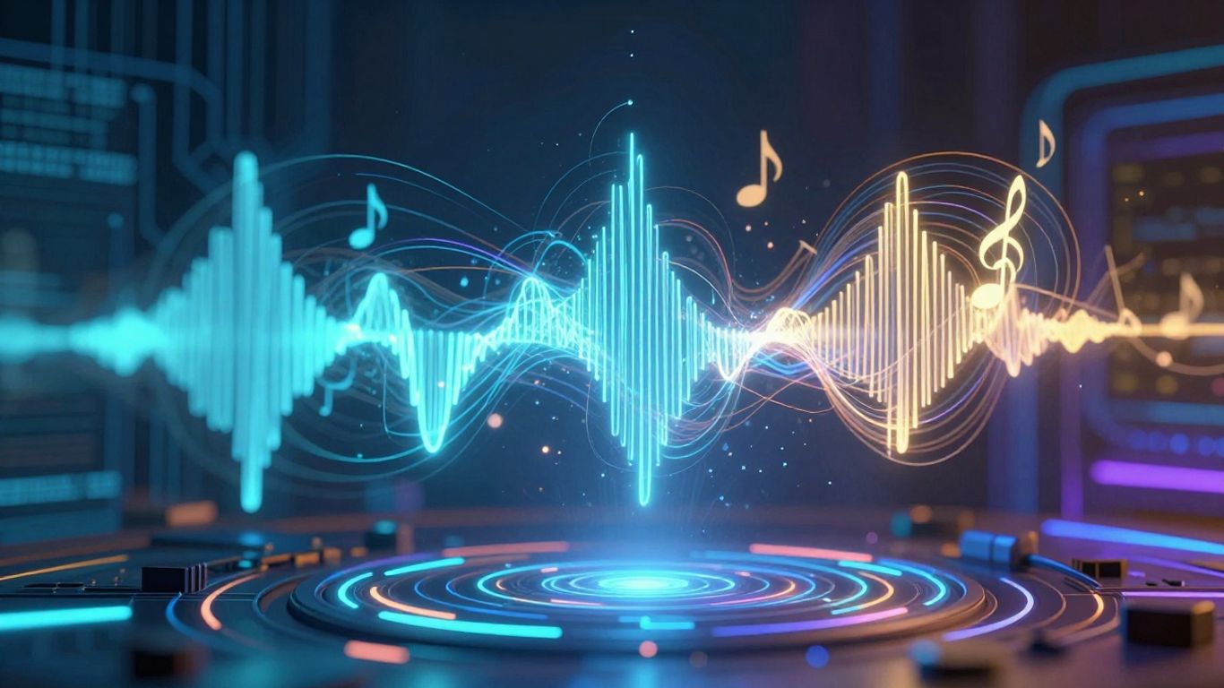 AI music generation interface with sound waves and notes.