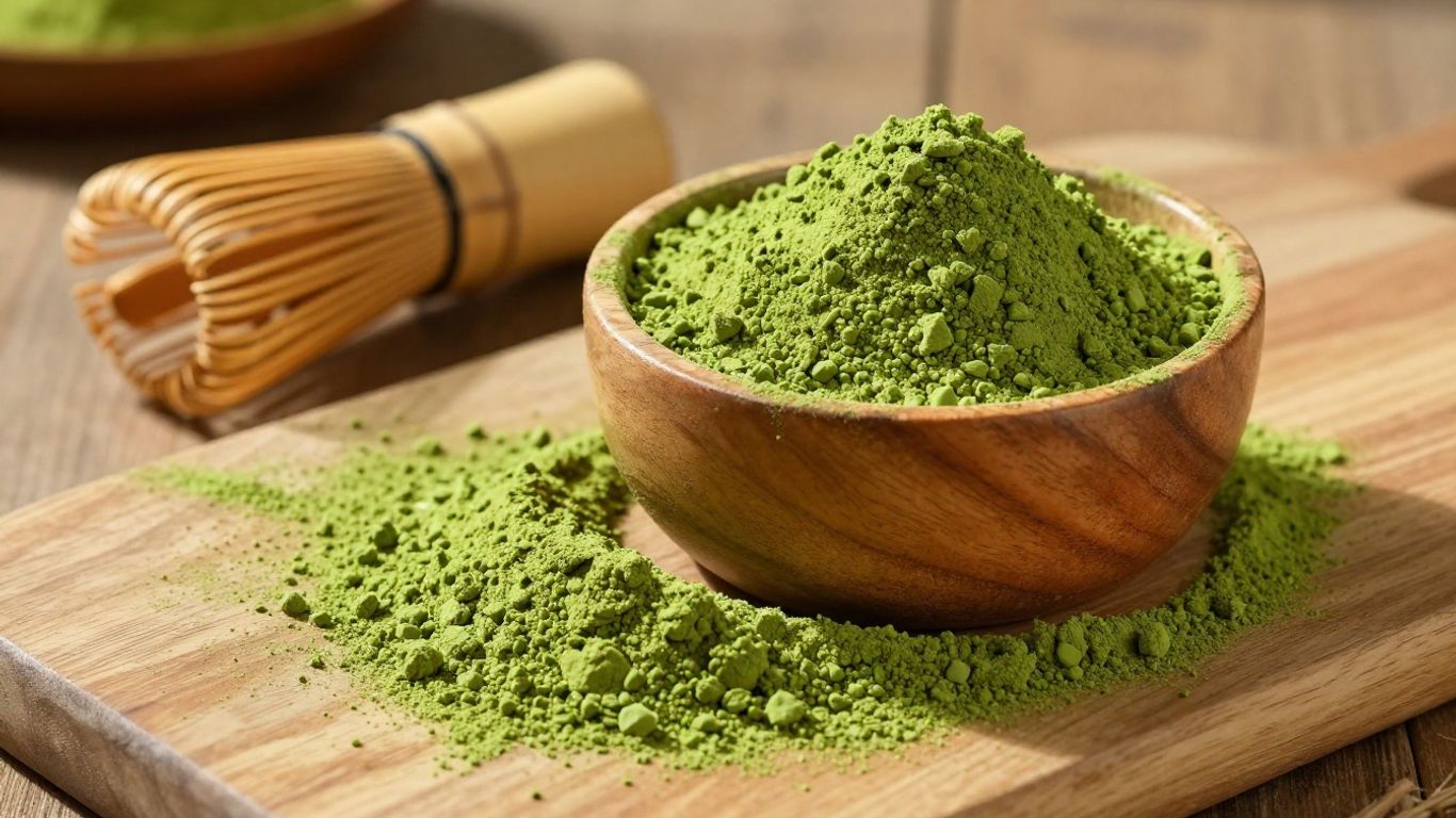 Premium matcha powder in a wooden bowl with whisks.