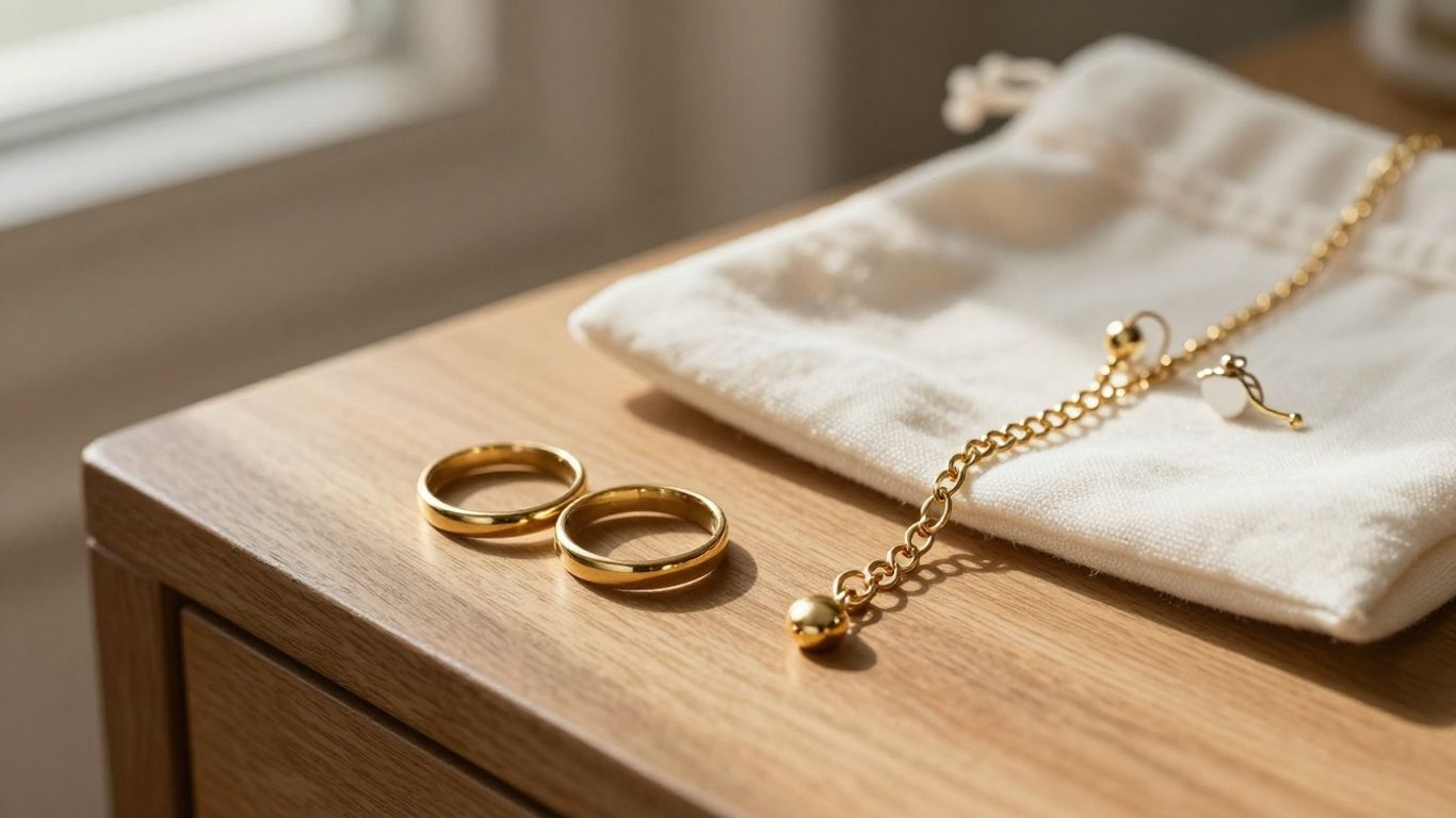 Gold jewellery resting beside a soft cotton pouch