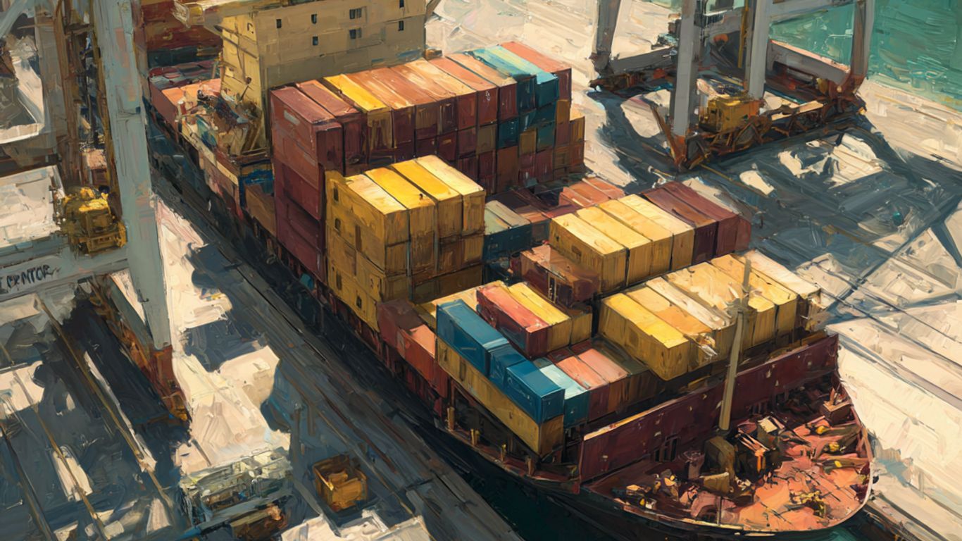 A cargo ship is being loaded with containers at a busy port.