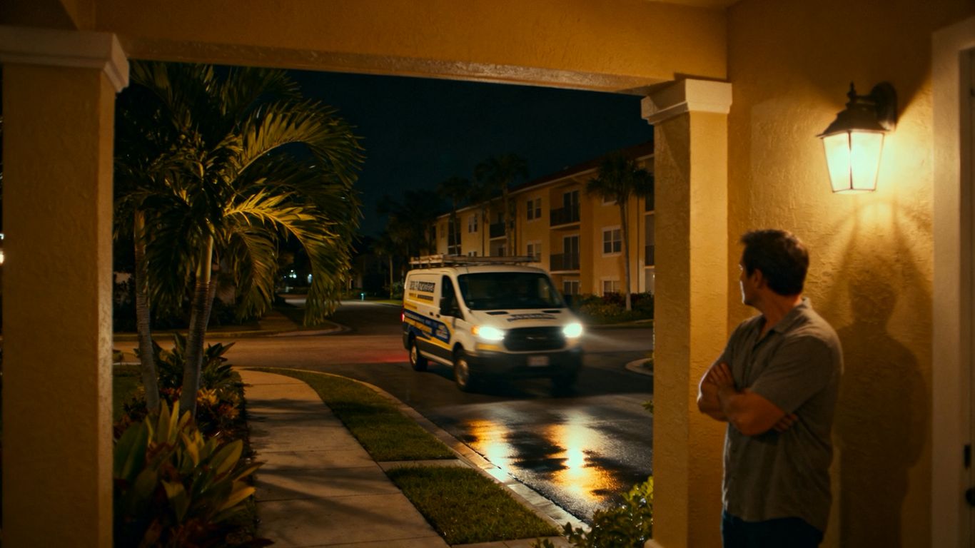 A Honolulu locksmith van arriving at night