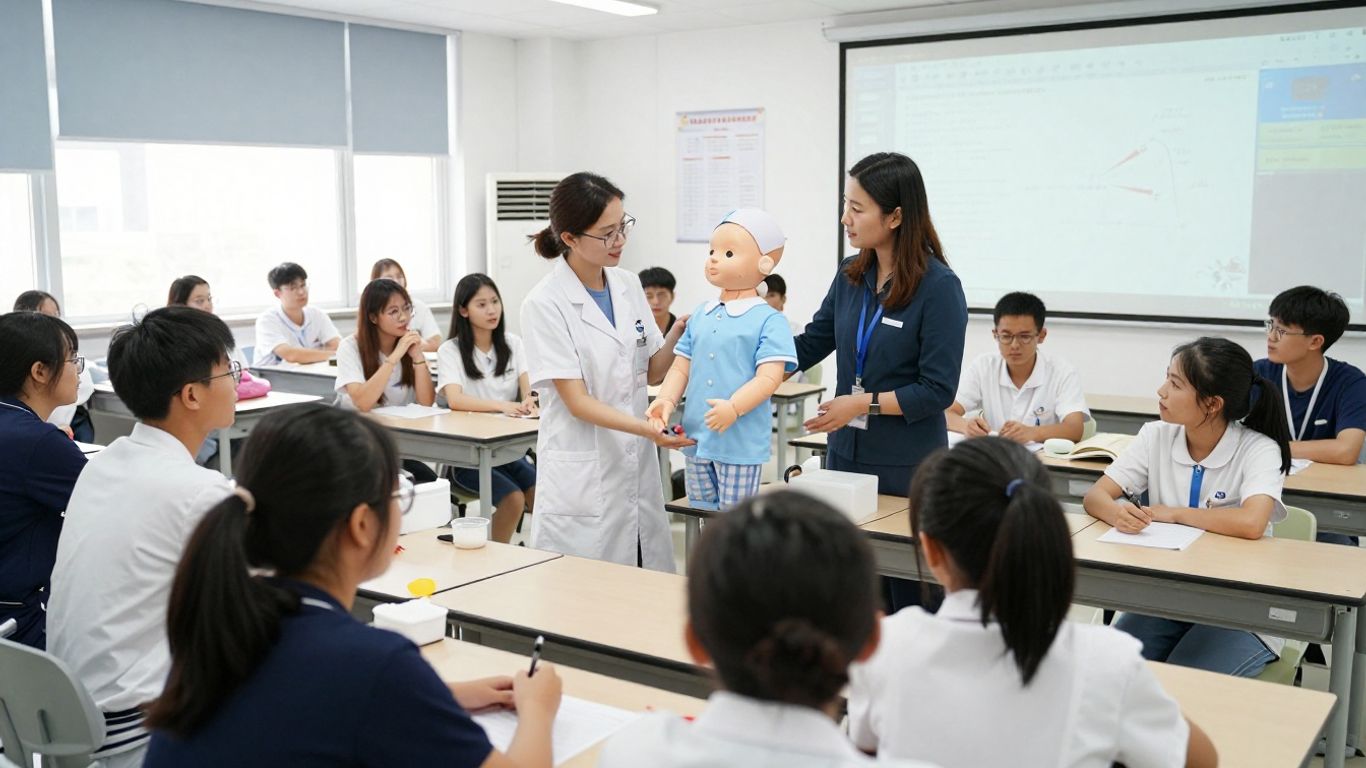 Students learning CNA skills in a modern classroom.