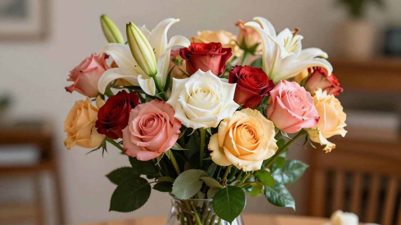 Vibrant floral bouquet with roses and lilies.