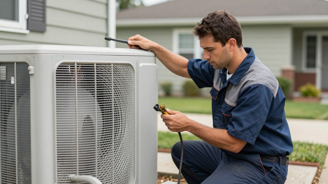 Macomb County AC repair technician working on an air conditioner.