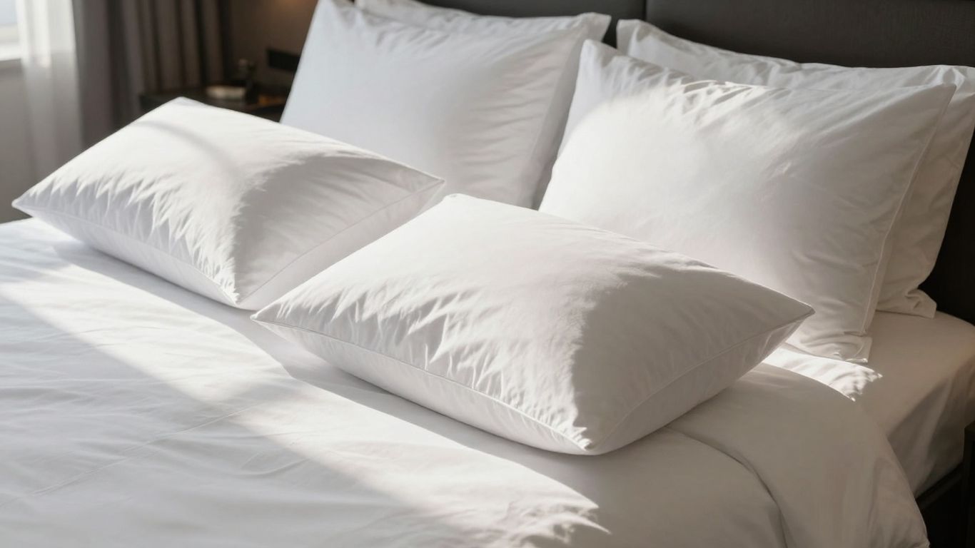 Plush Beckham Hotel Collection pillows on a hotel bed.