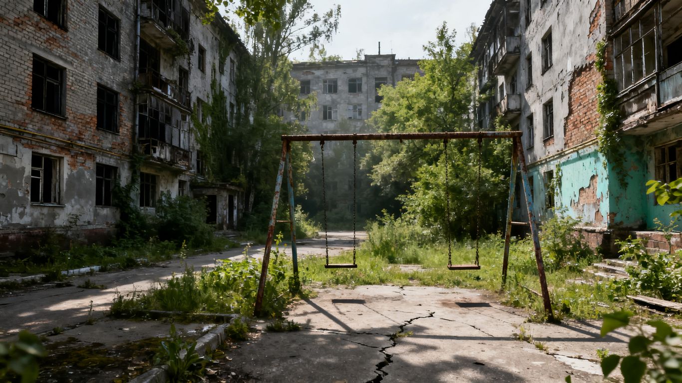 Abandoned street in Chernobyl Exclusion Zone with decaying buildings.