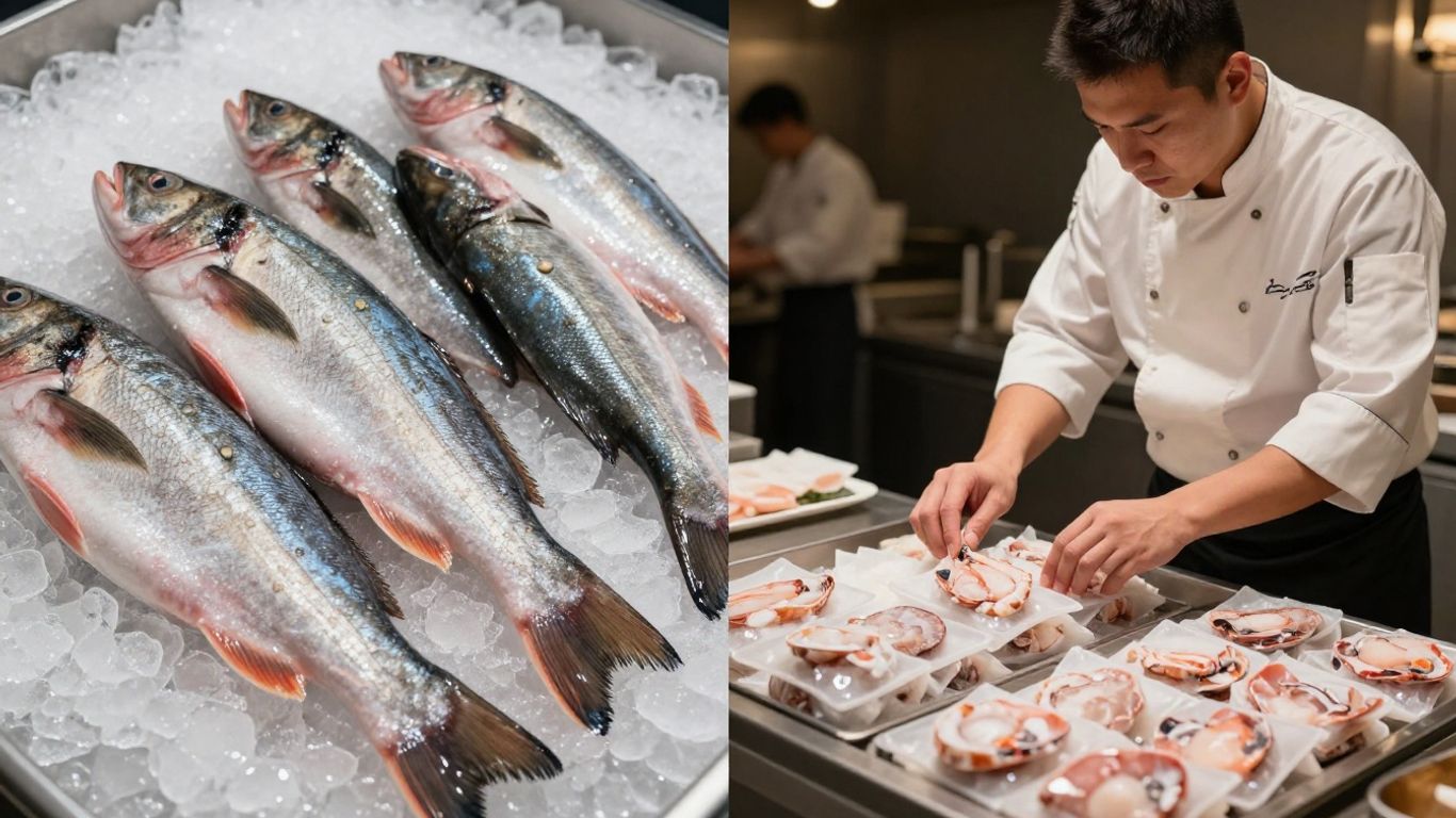 Fresh fish next to frozen seafood portions.