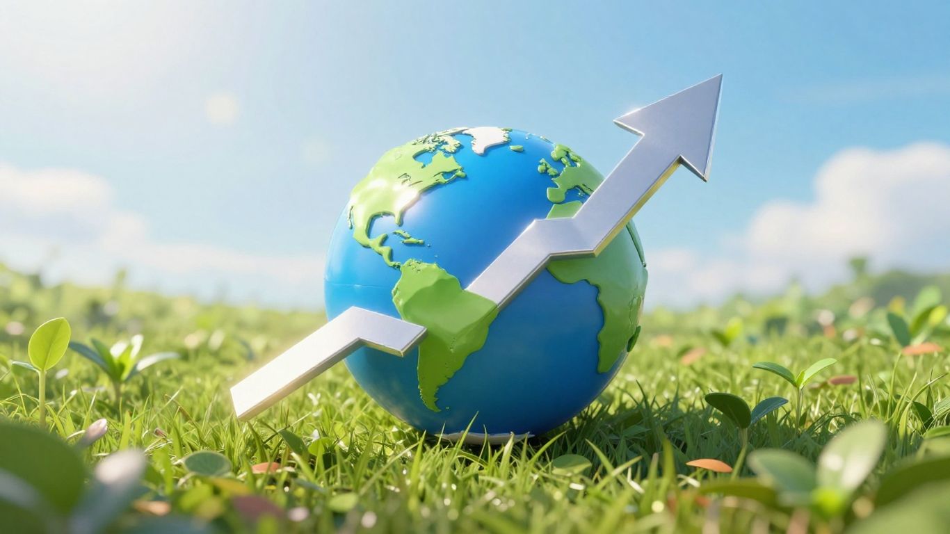 Arrow pointing upwards through a globe, signifying business growth.