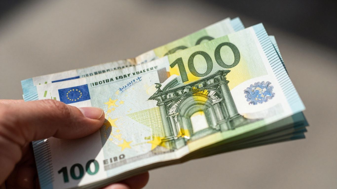 Main tenant des billets en euros dans une agence.