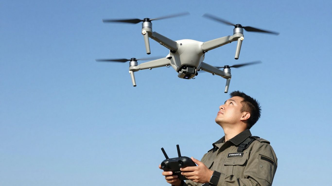 Drone pilot with controller and drone in flight.
