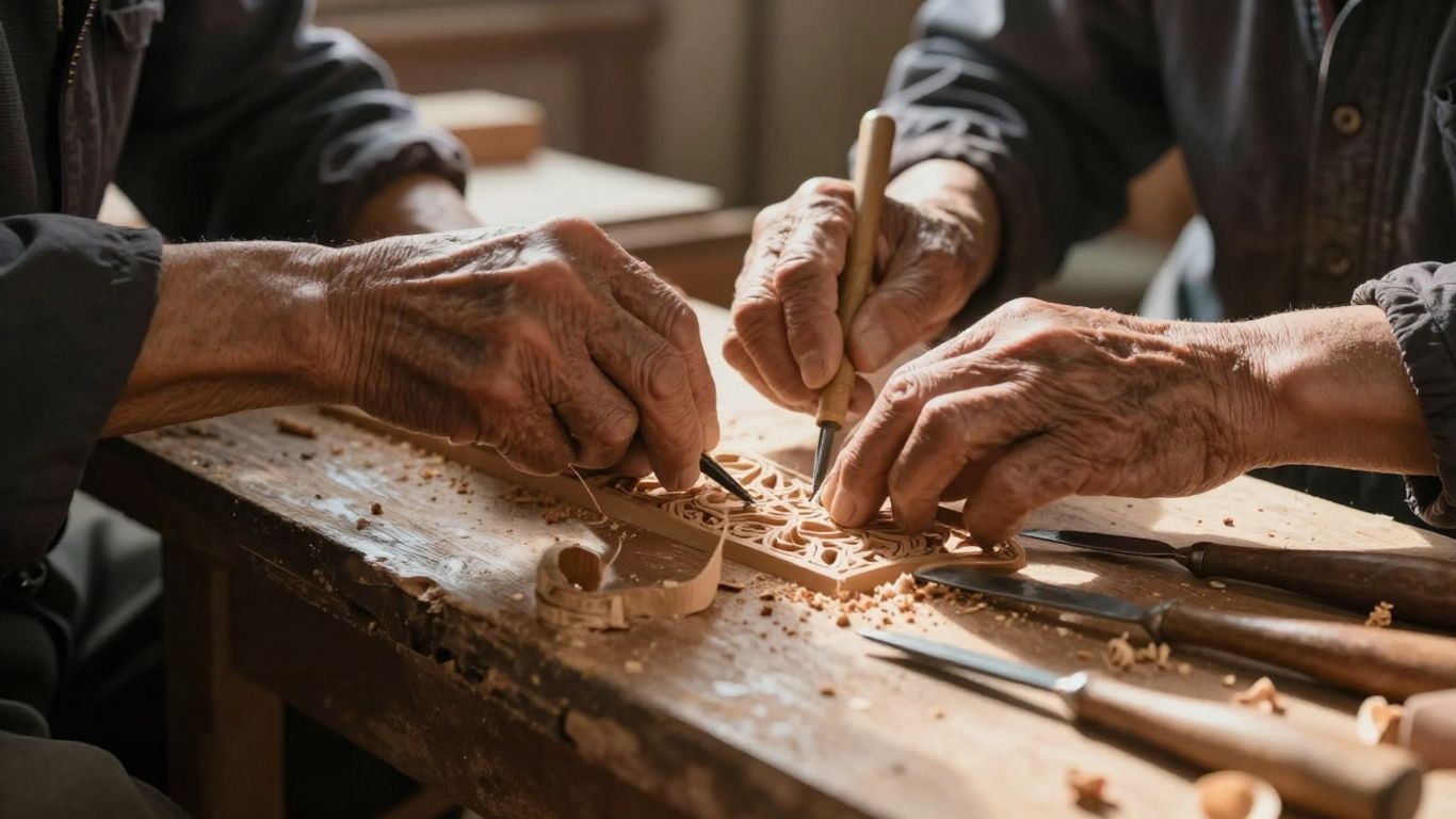 Mâini bătrâne și tinere lucrează împreună la un meșteșug.