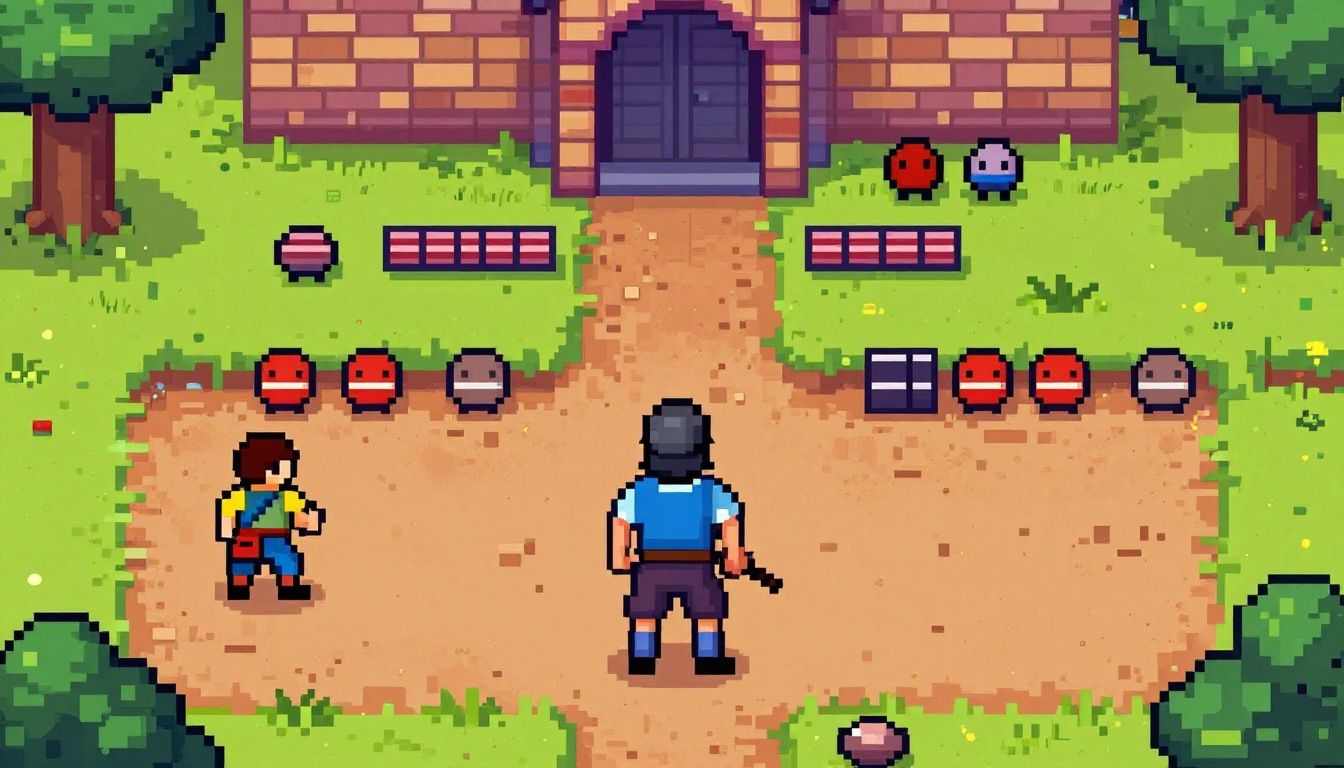 Um guerreiro retrô pixel art enfrentando inimigos em um cenário vibrante de aventura