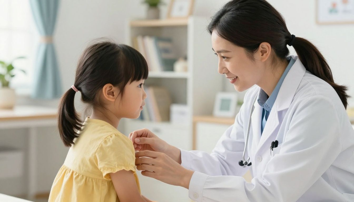 A compassionate pediatrician examining a child in a warm, inviting medical office