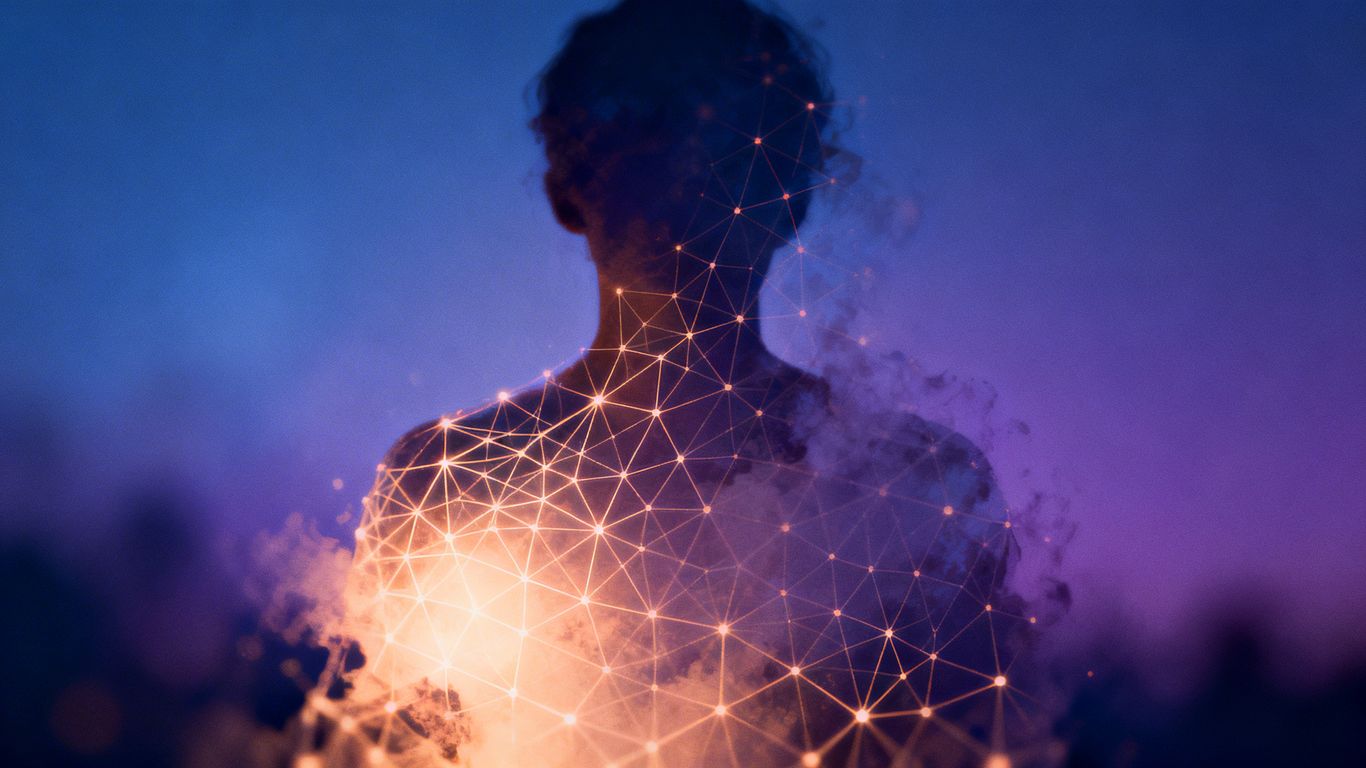 Person dissolving into a digital network.