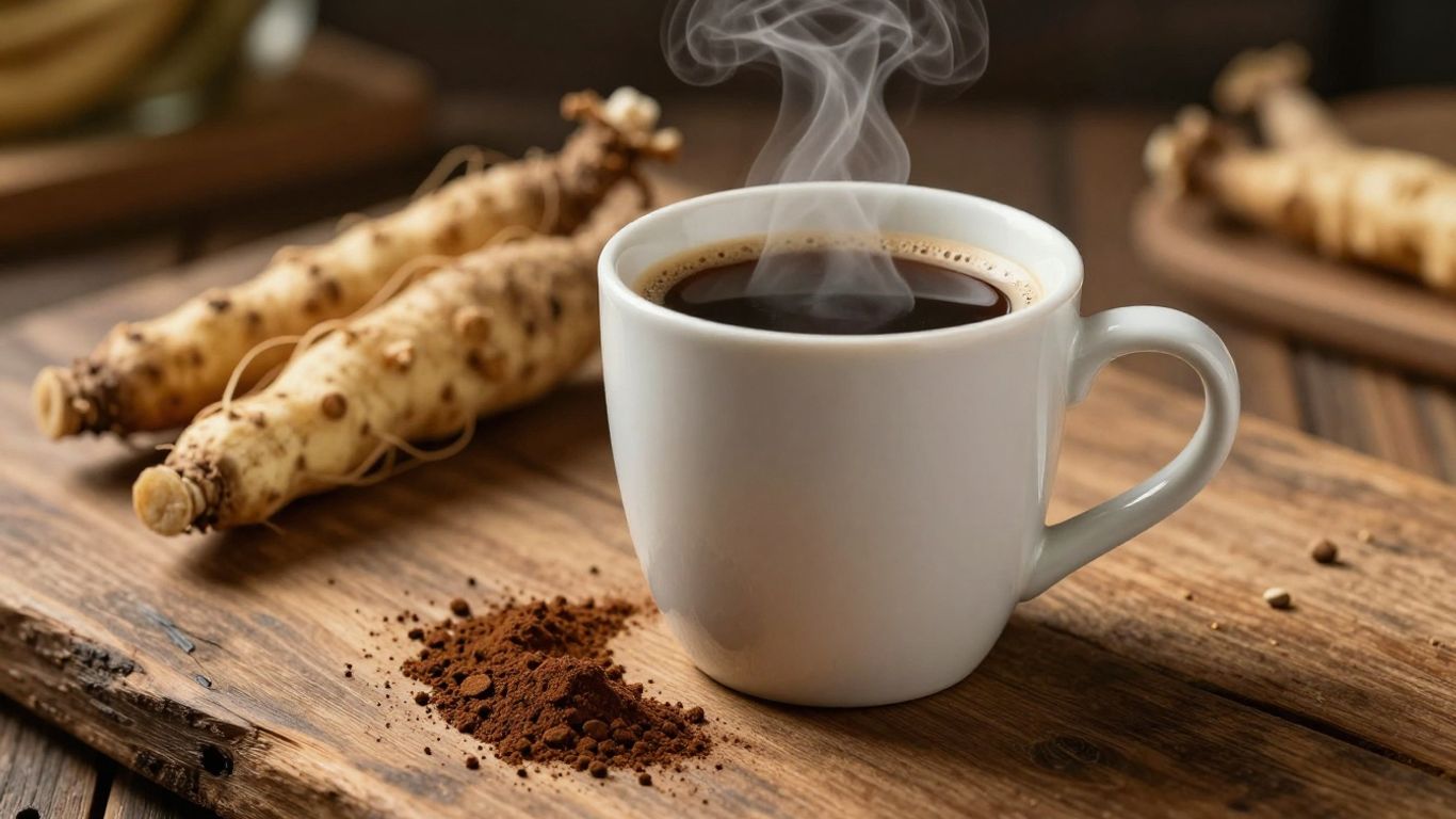 Maca coffee with maca roots on a wooden table.