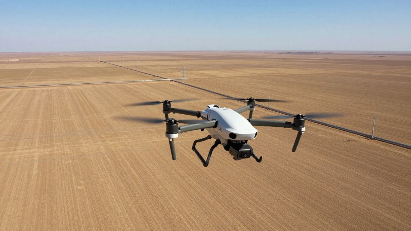 Drone inspecting linear assets in a vast landscape.