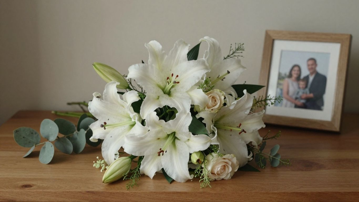 Soft remembrance bouquet beside a framed photograph