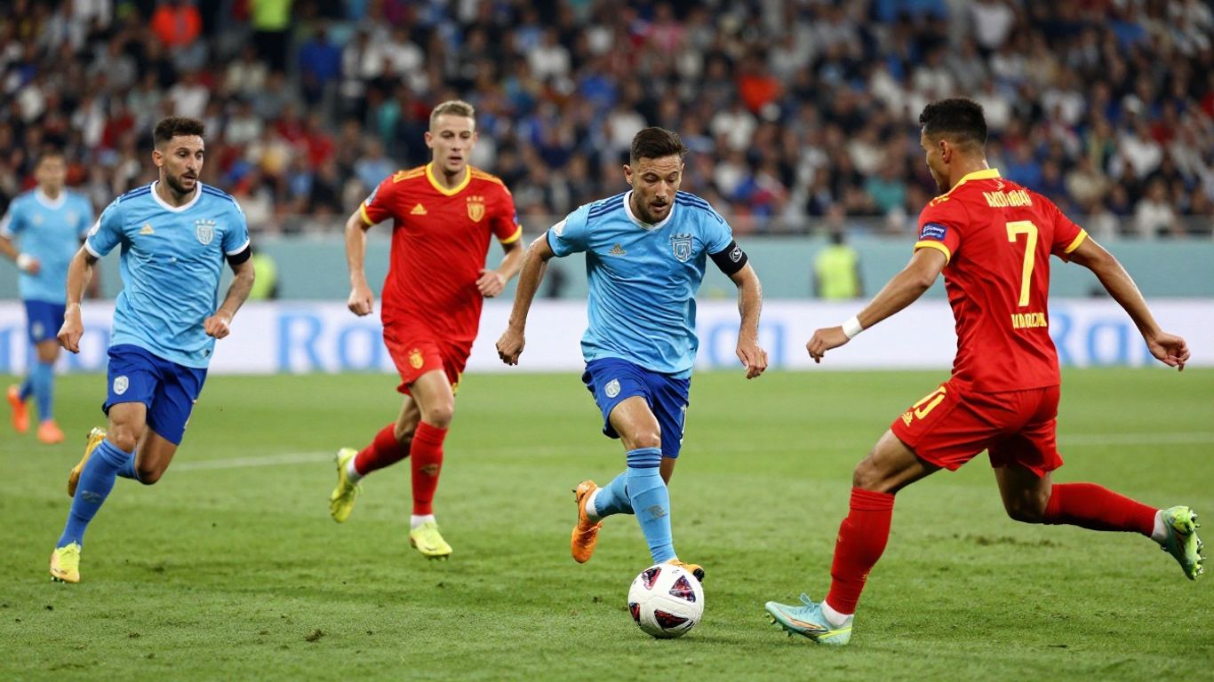 Soccer players in action on a green field.