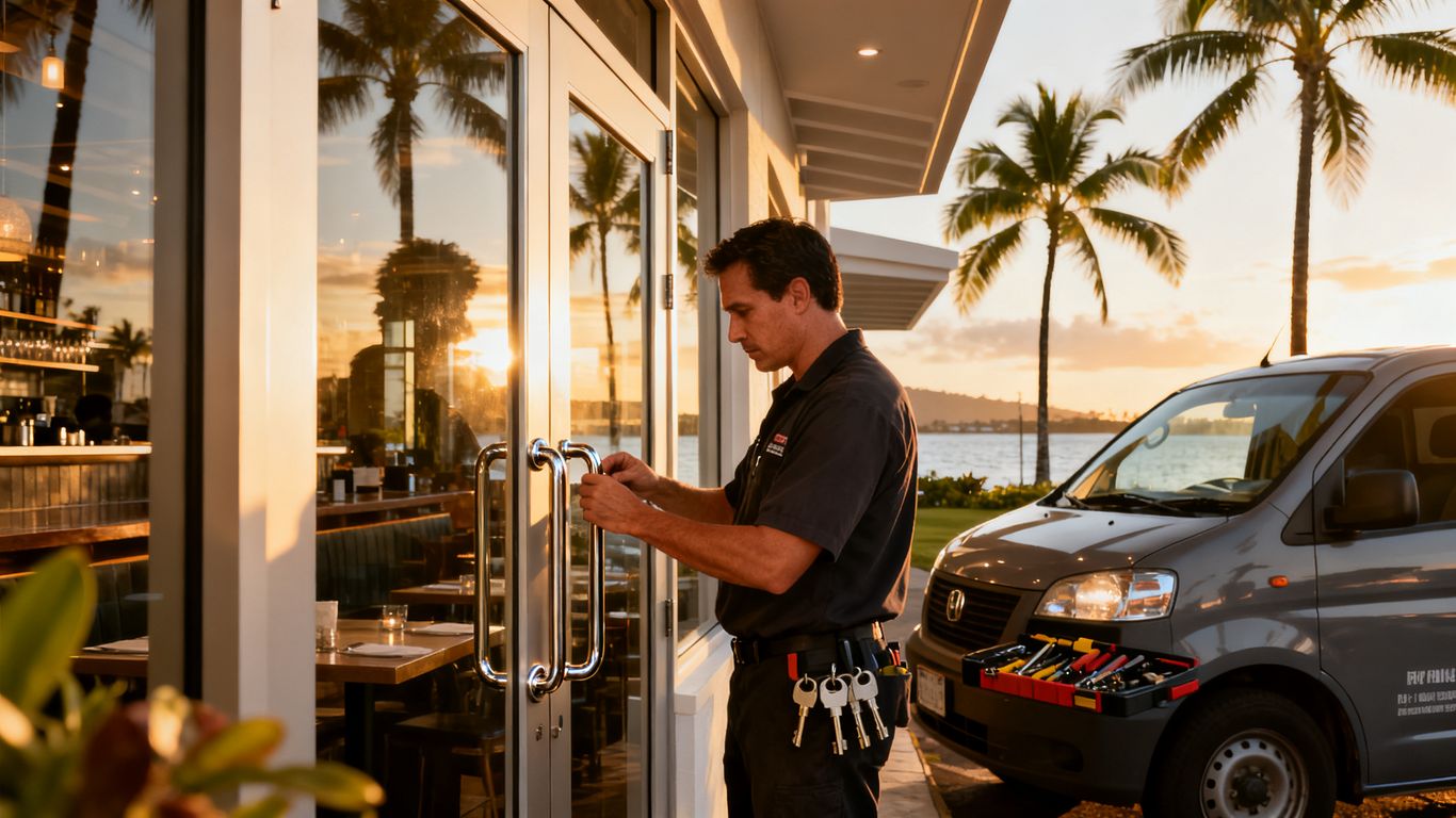 Commercial storefront doors with mobile locksmith van nearby