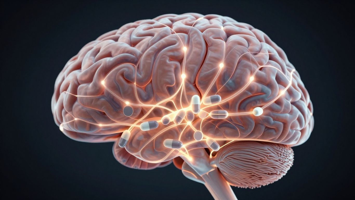 Brain with glowing pathways and pills