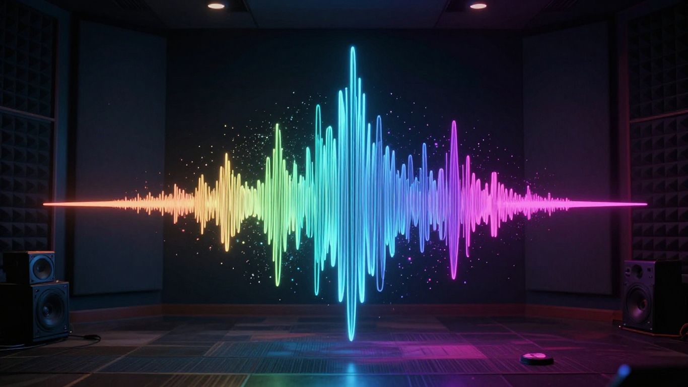A vibrant musical sound wave glowing in dark space