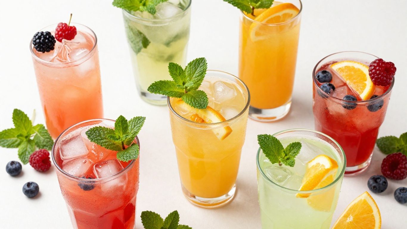 Colorful healthy mocktails with fresh garnishes.