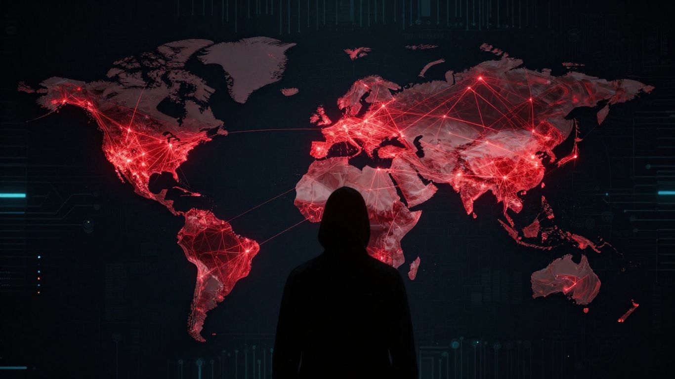Global espionage network map with shadowy figure.