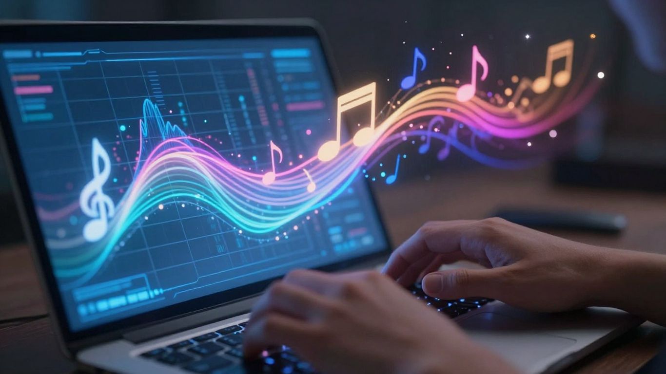 AI song generator interface with musical notes.