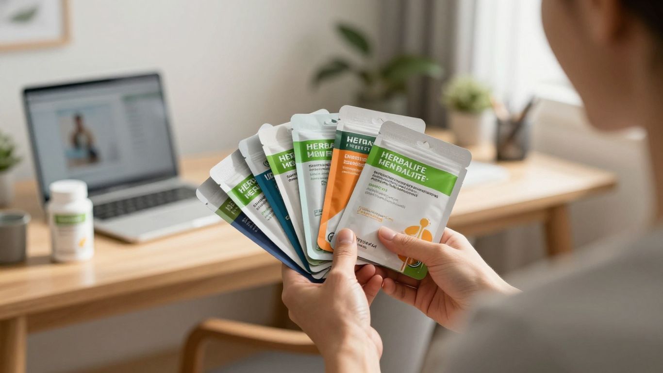 Herbalife products in a home office setting.