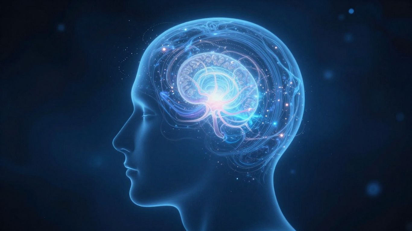 Glowing pineal gland within a head silhouette, surrounded by cosmic dust.