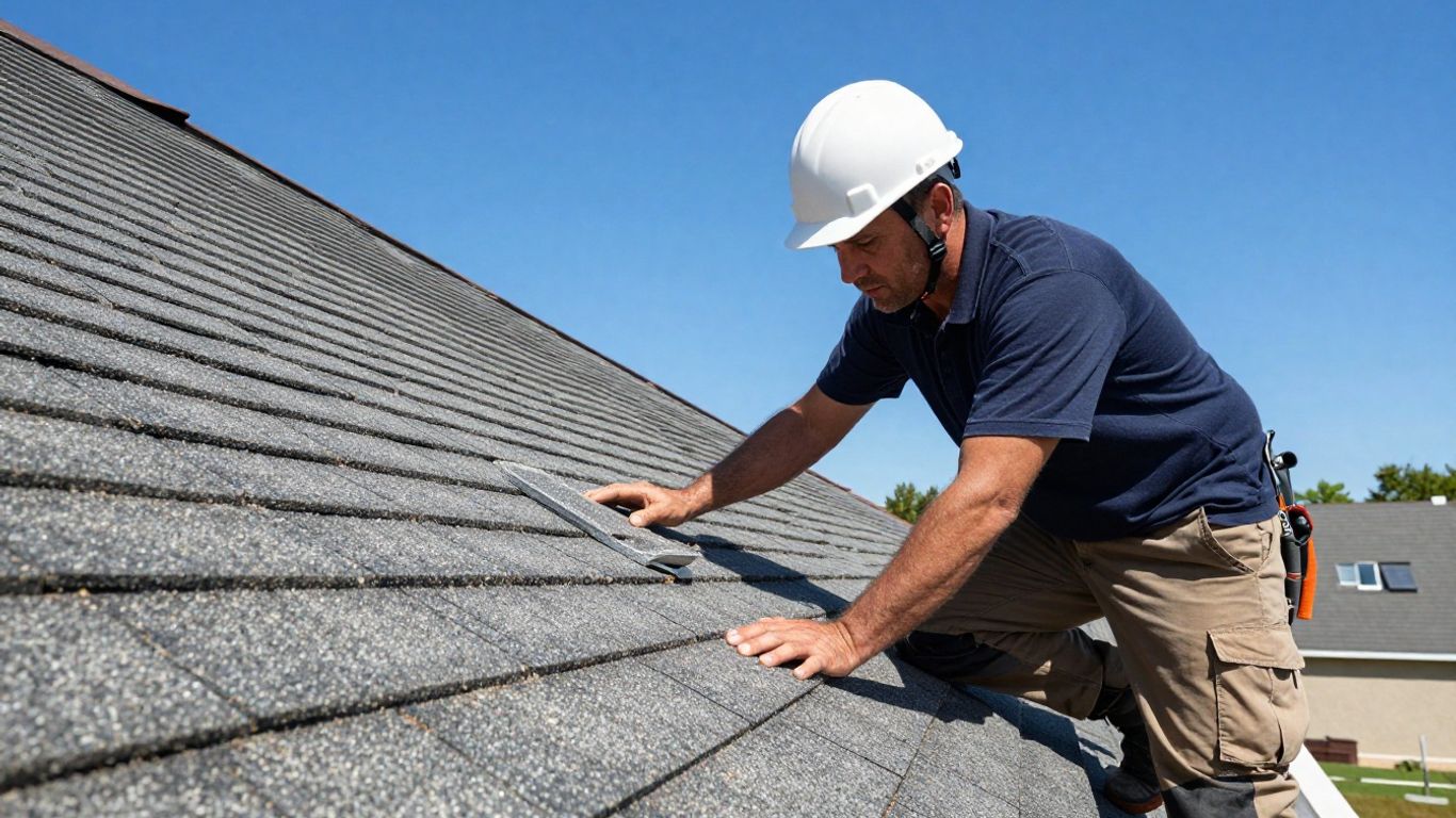 Roofer inspecting a clean, sunny roof.