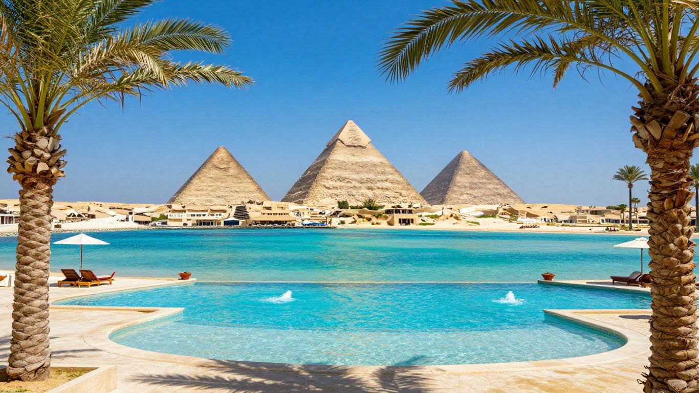 Luxurious Egypt resort with pyramids and beach.