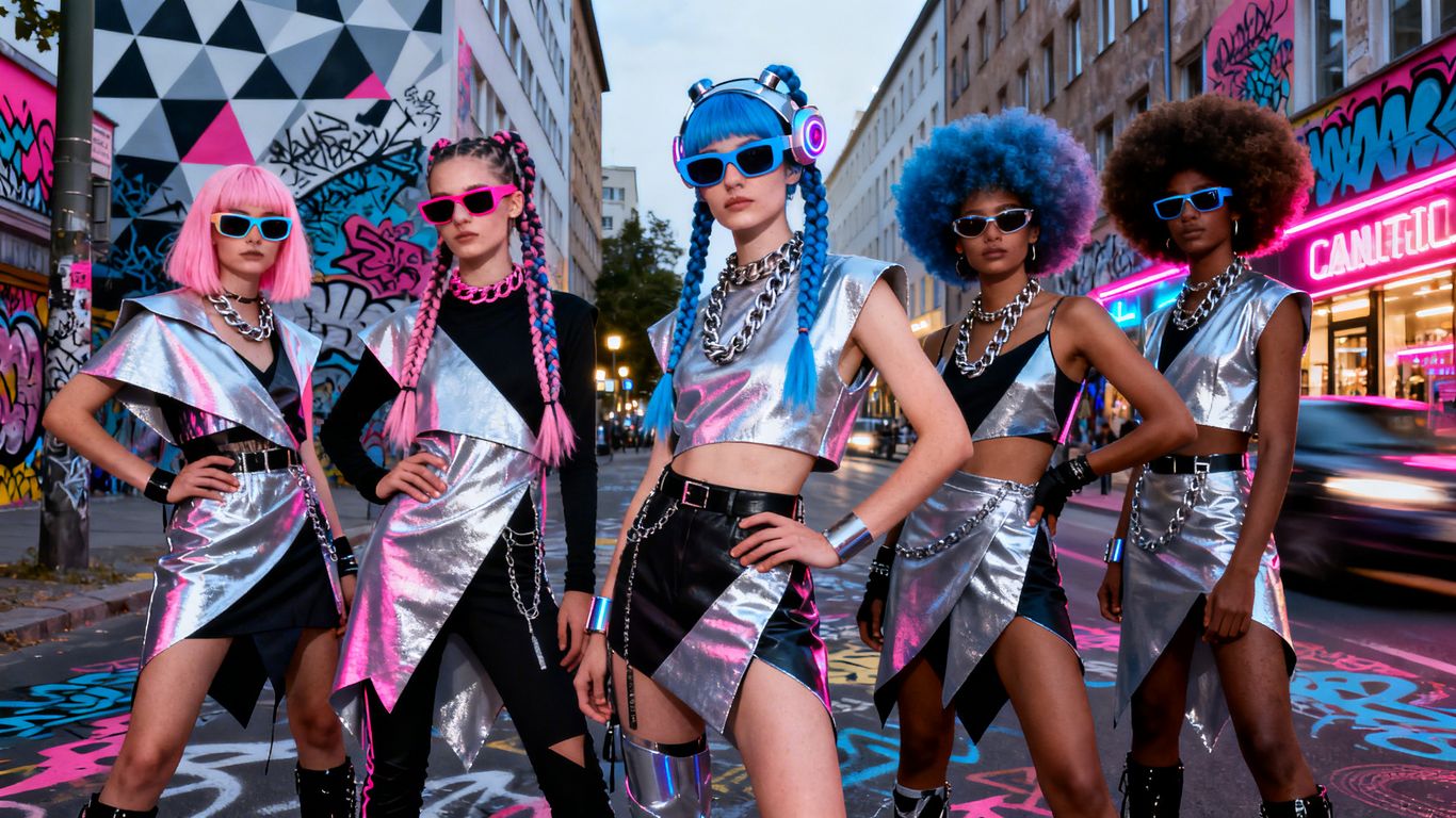 Models in avant-garde fashion on a Berlin street.