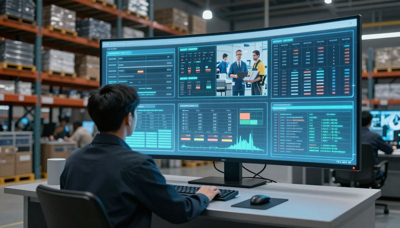A futuristic warehouse control room with holographic displays showing worker schedules and productivity metrics, symbolizing advanced labor planning