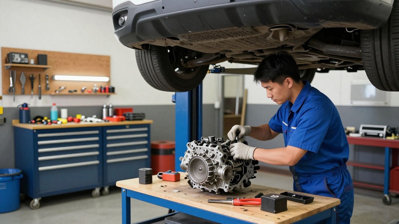 Mechanic working on car transmission in garage.