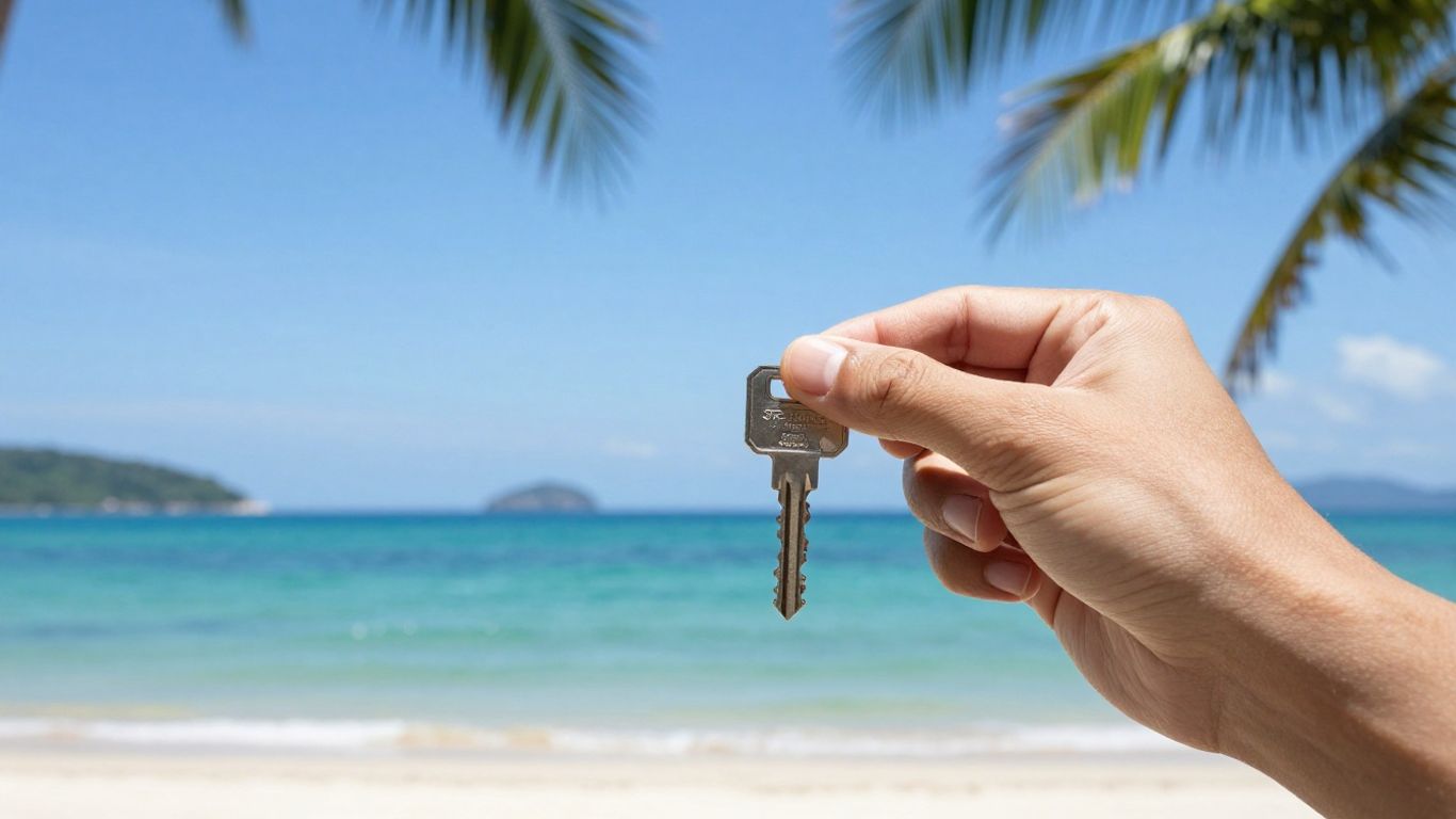 Phuket beach with a hand holding a house key.