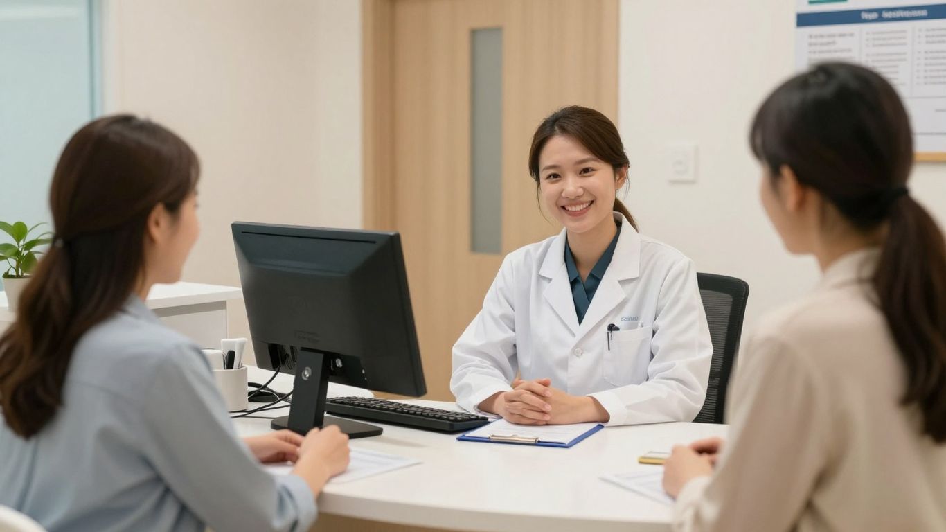 Smiling clinic receptionist welcoming patient at desk