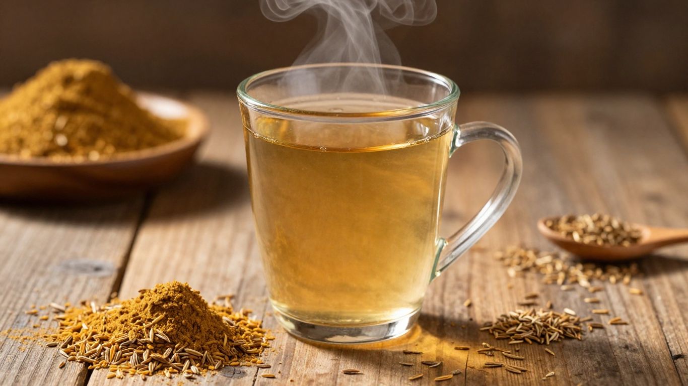 Glass cup of steaming cumin powder tea