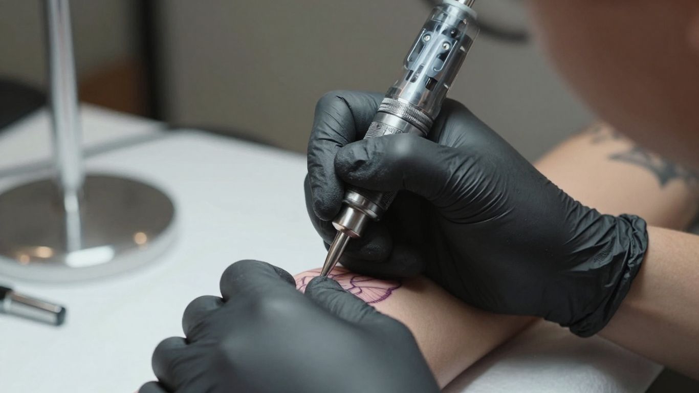 Close-up tattoo artist using three needle cartridge