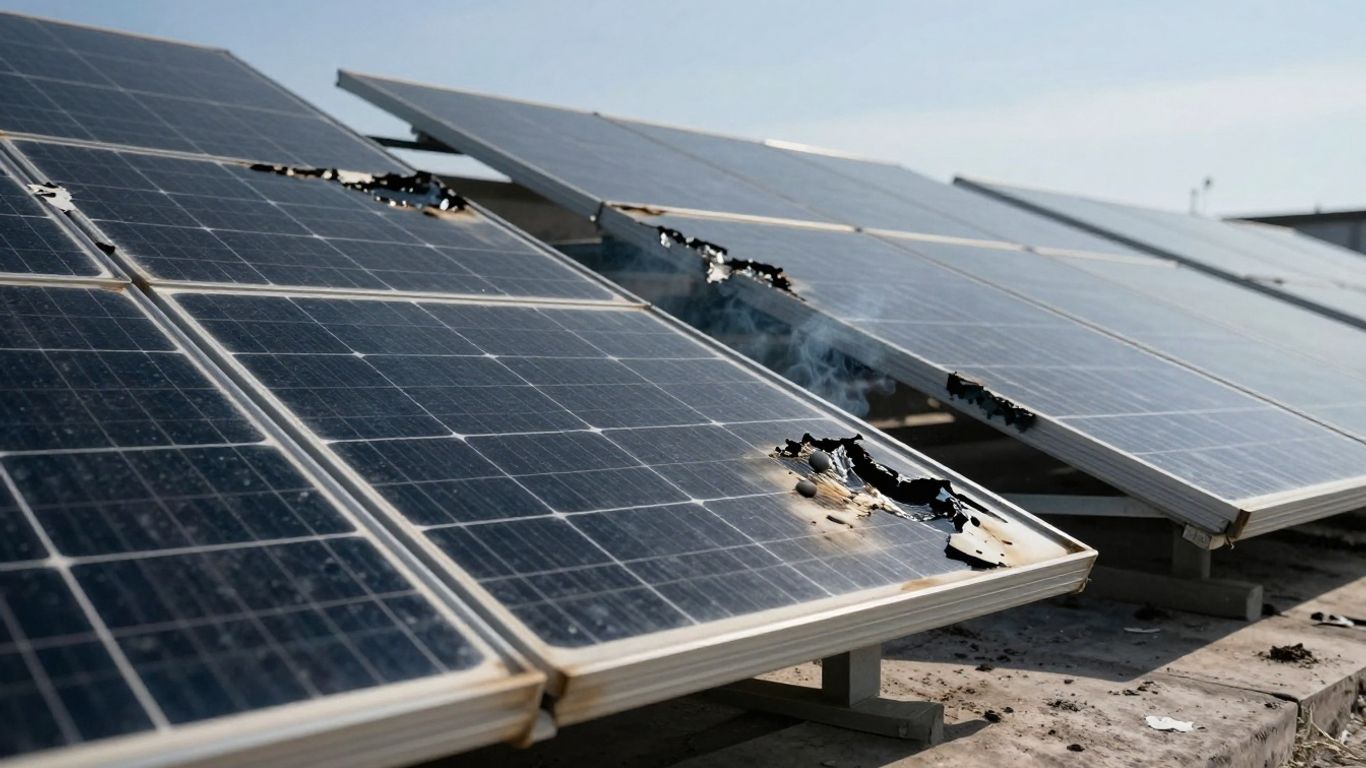 Fire-damaged solar panels on a roof.