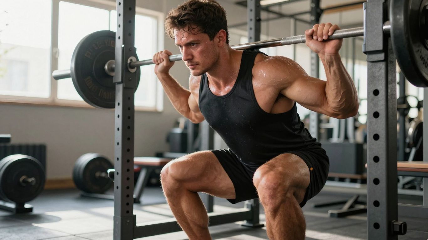Man performing a deep barbell squat, highlighting quad muscles.