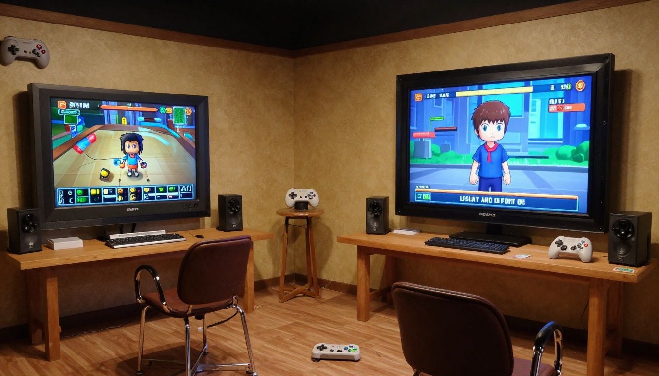 Uma montagem nostálgica apresentando ícones clássicos da evolução dos videogames desde a era de 8 bits até a modernidade ultra realista