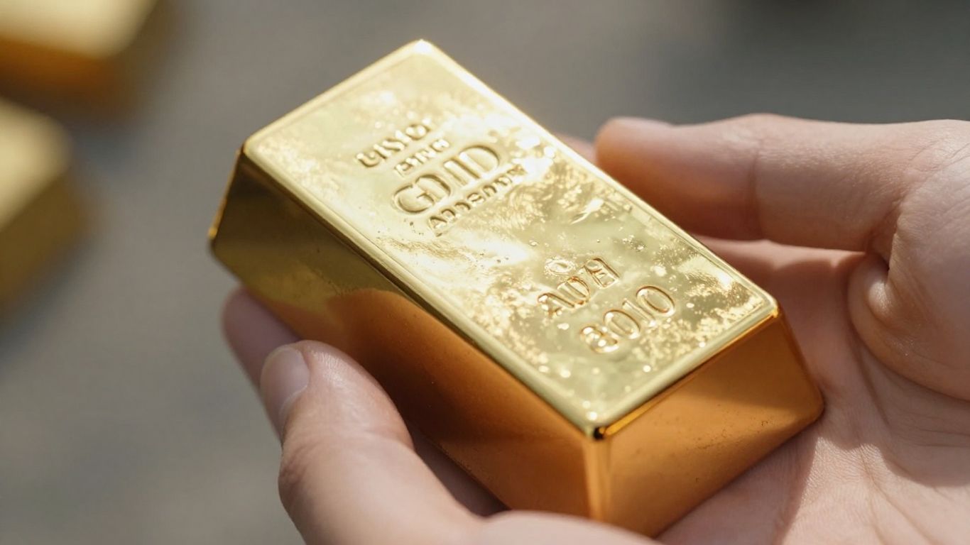 Main d'or tenant une barre d'or brillant.