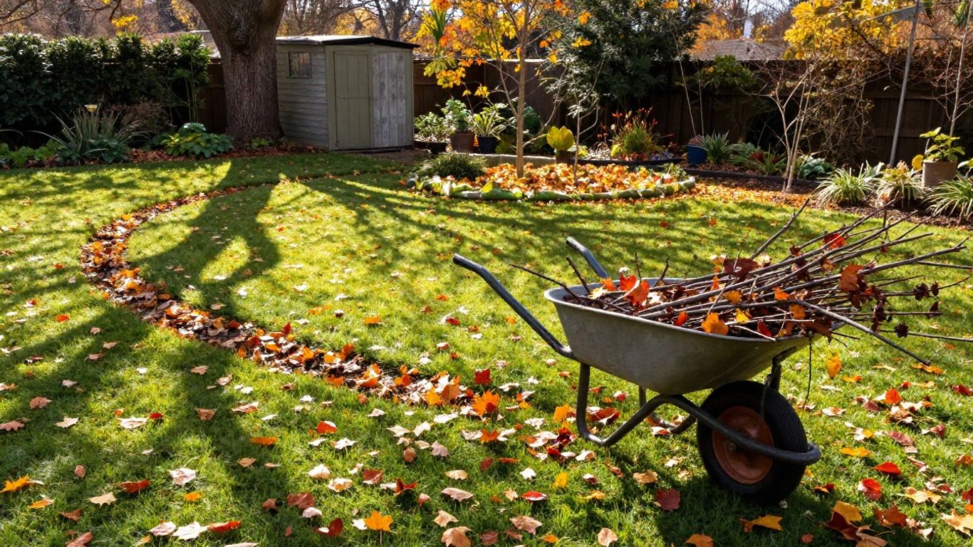 Herbstgarten mit Laub und Gartengeräten