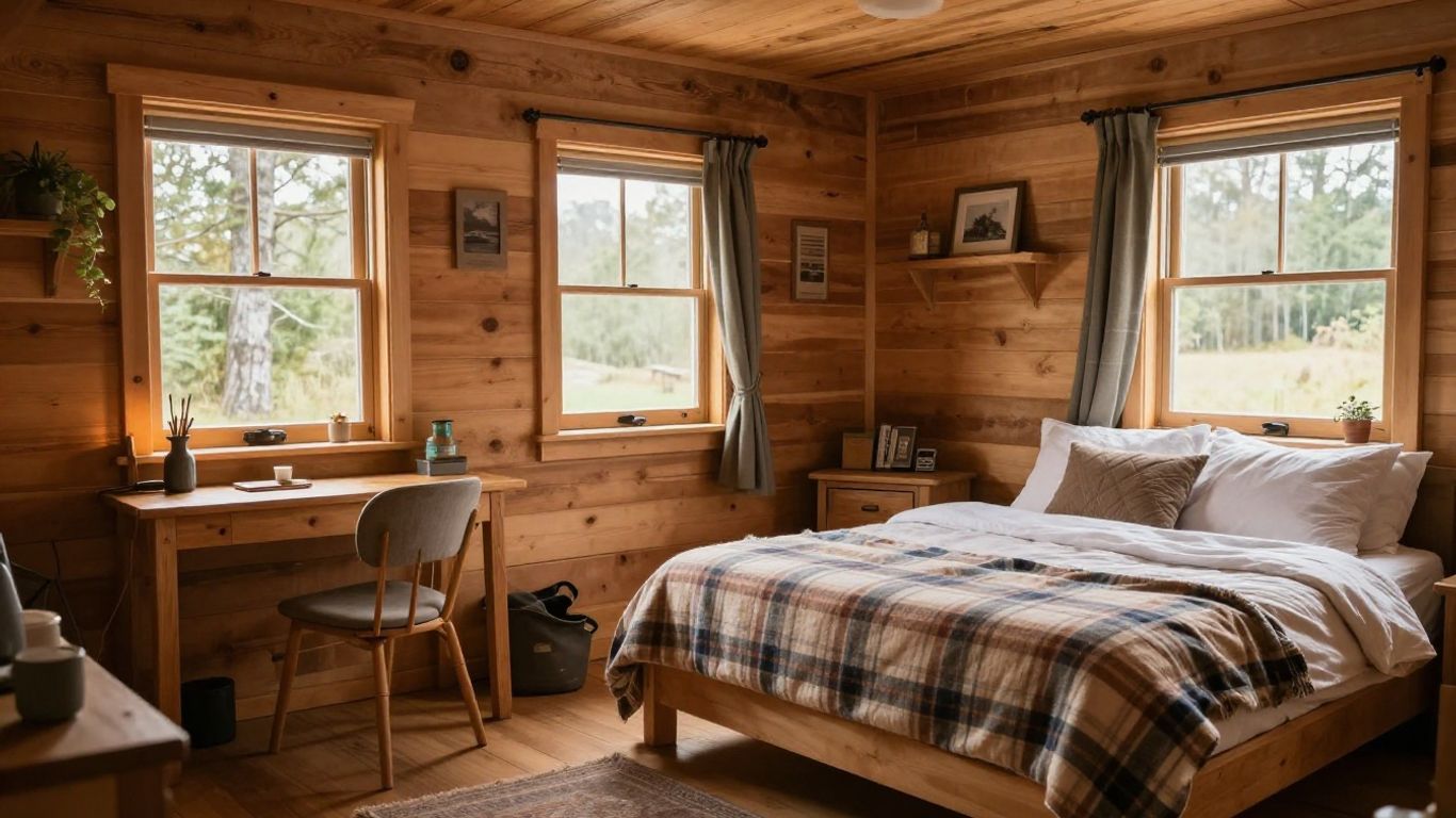 Cozy rustic Airbnb cabin interior with wooden walls and plaid blankets.