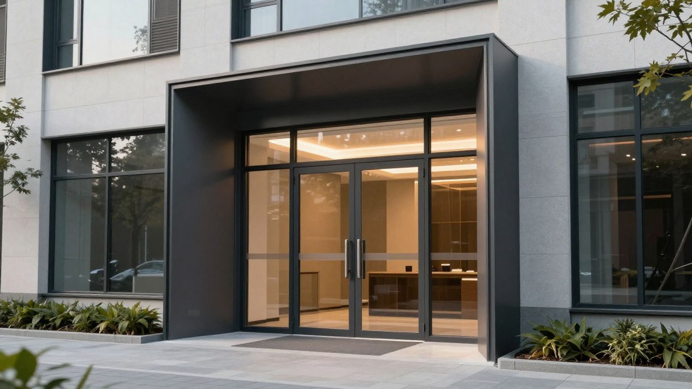 Modern commercial entrance doors reducing heat loss.