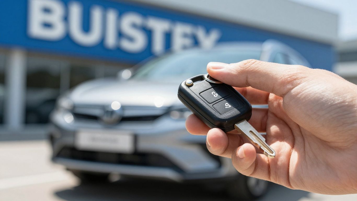 Hand holding car key with car in background.